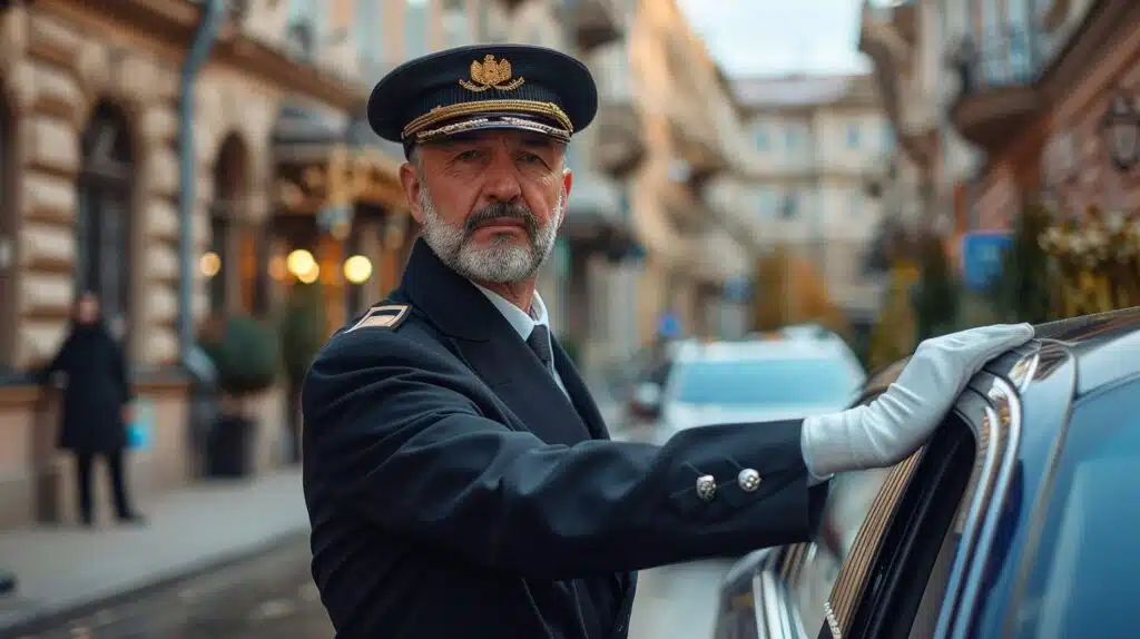 Professional chauffeur in uniform and cap standing beside luxury car on city street