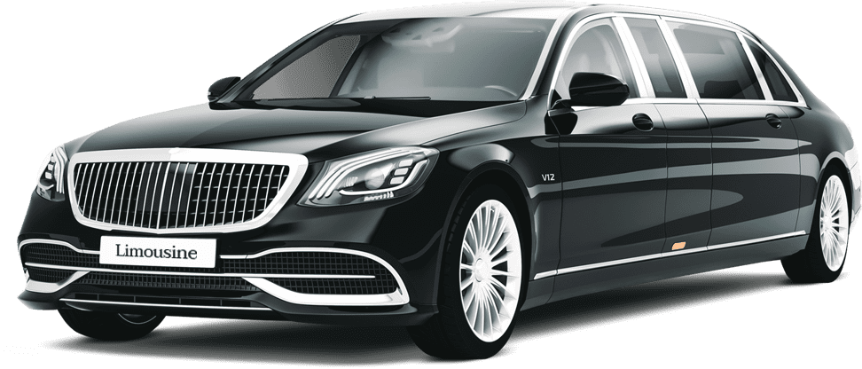 Black luxury limousine sedan with chrome grille and tinted windows isolated on white background