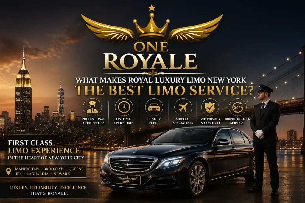 Royal Luxury Limo New York gold crown logo with wings representing premium chauffeur and limousine service in NYC