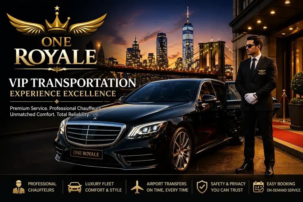 Royal Luxury Limo New York VIP transportation service with chauffeur and luxury black sedan in NYC skyline
